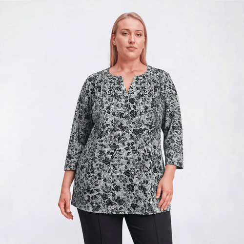 Plus Size Napa Valley 3/4 Sleeve Floral Split Neck Knit Blouse